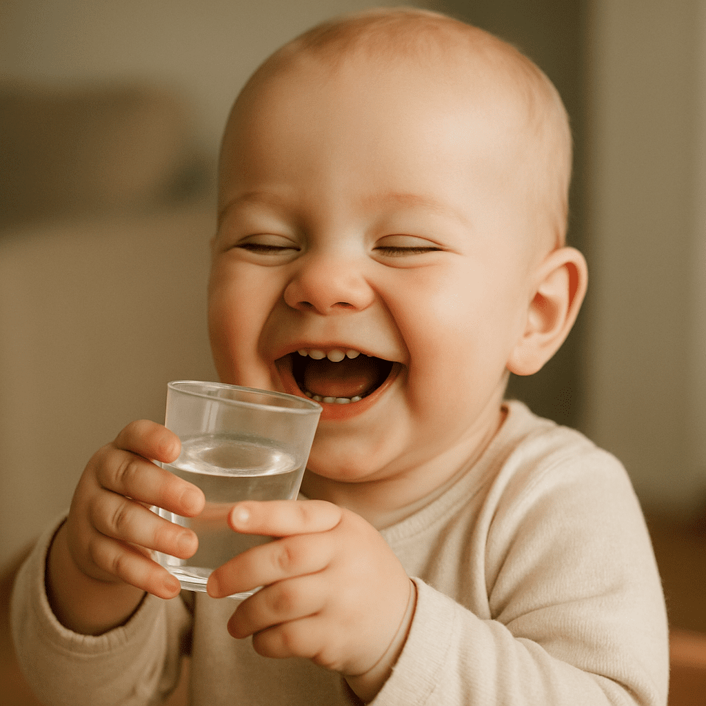The baby laughs and drinks water from a small cup