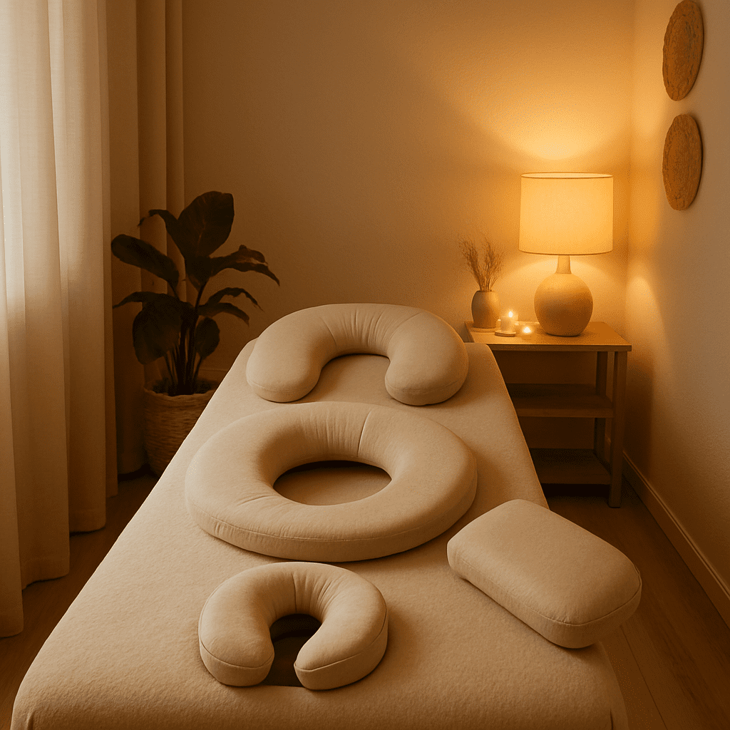 Eine friedliche Massage-Umgebung mit warmem Licht und speziellen Polstern für Schwangere.