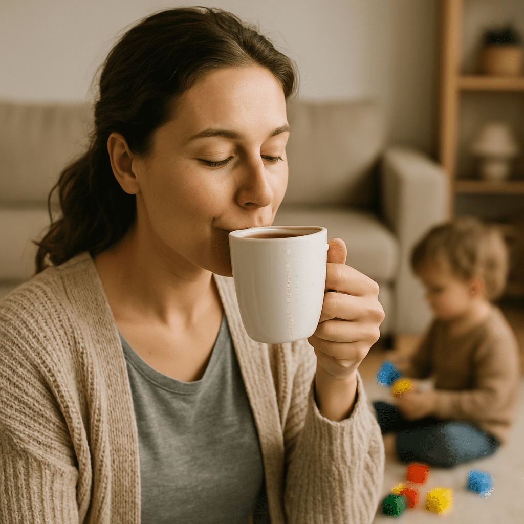 Mutter trinkt genüsslich eine Tasse Kaffee, während das Kind im Hintergrund spielt