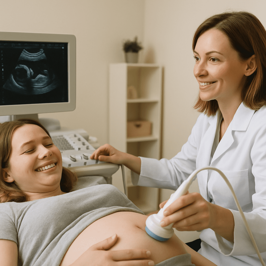 Werdende Mutter lächelt beim Ultraschalltermin beim Frauenarzt