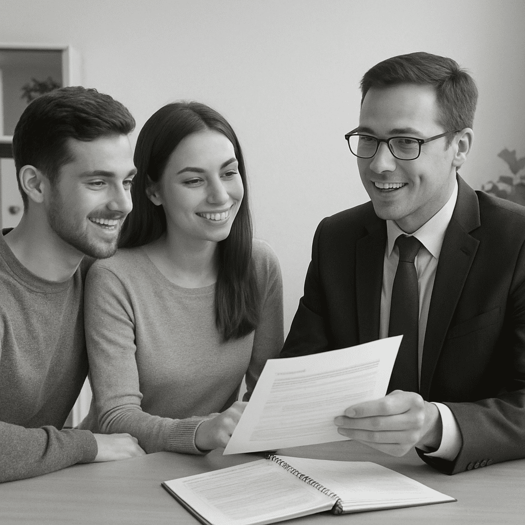 Ein junges Paar lässt sich von einem sympathischen Finanzberater Unterlagen erklären