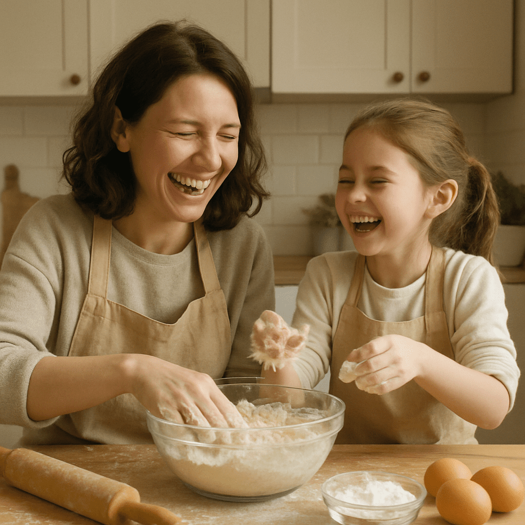 Mother and daughter laugh together while baking in the kitchen - focus on shared activities