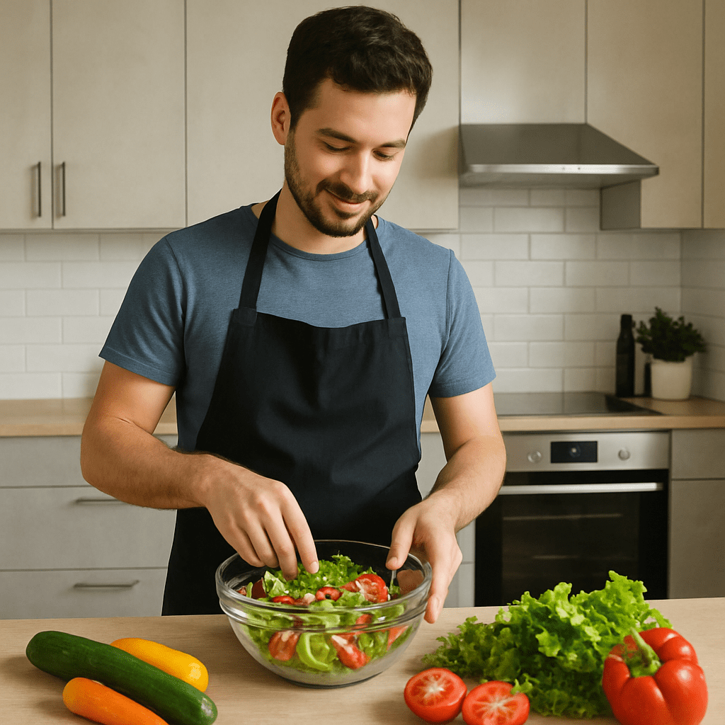Mann bereitet in einer modernen Küche einen gesunden Salat mit viel frischem Gemüse zu