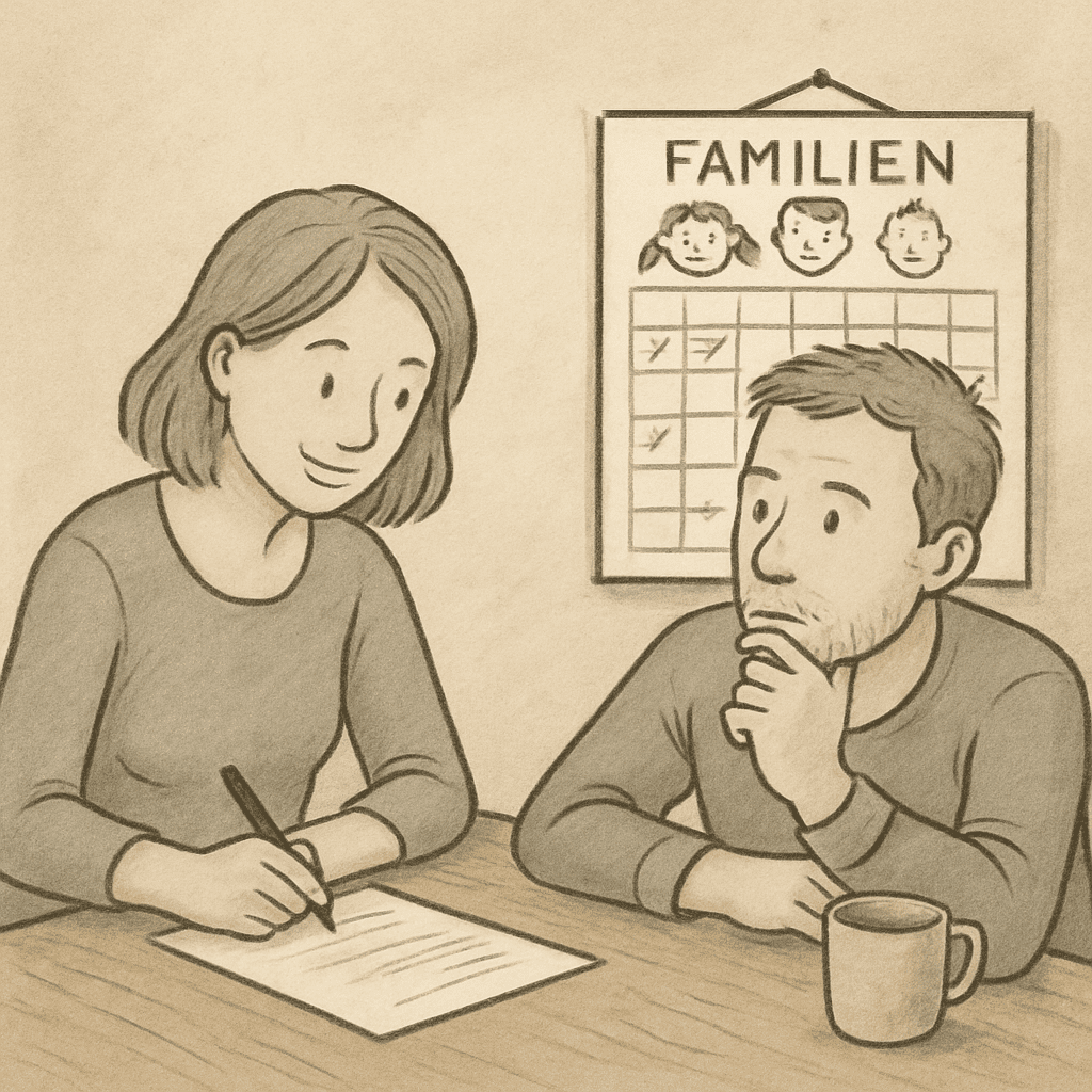 Parents sit together at the table planning the family's daily routine.