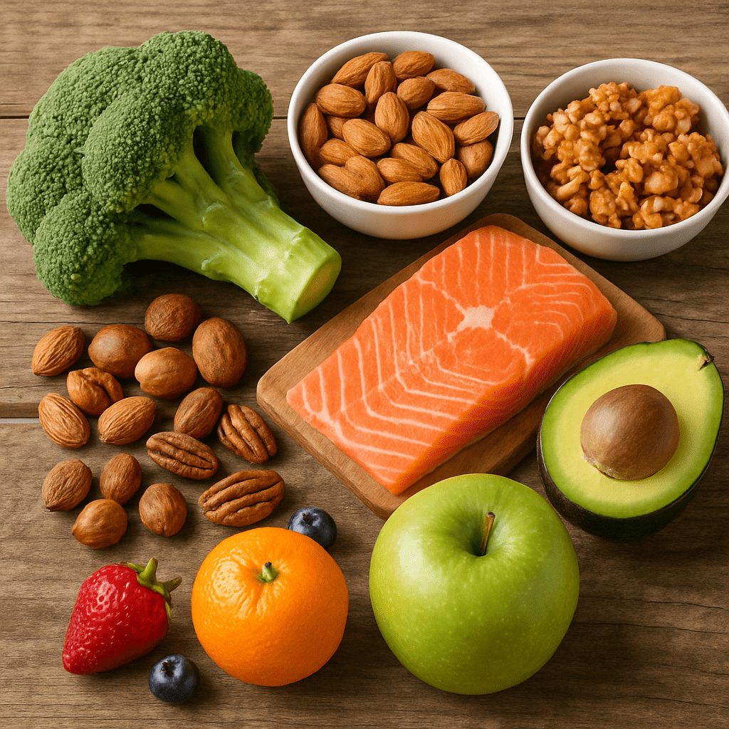 Eine Auswahl an gesunden Lebensmitteln wie Brokkoli, Nüssen, Lachs und frischem Obst auf einem rustikalen Holztisch