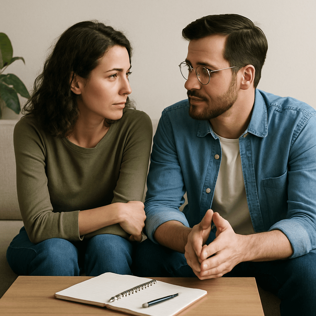 A couple sitting together on a sofa in deep, calm conversation, with a notebook and a pen on the table.