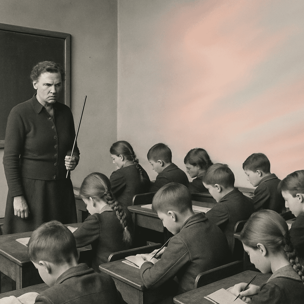 Ein altes Schwarz-Weiß-Foto einer strengen Klassenzimmersituation im Kontrast zu einem weichen, modernen Hintergrund.