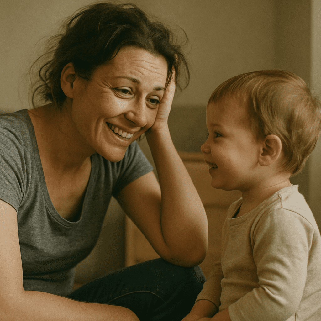 Erschöpfte, aber lächelnde Mutter, die sich auf Augenhöhe mit ihrem Kleinkind unterhält