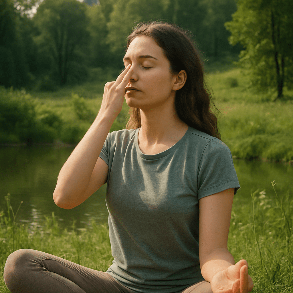 A young woman practices breathing exercises outdoors, surrounded by calming nature.