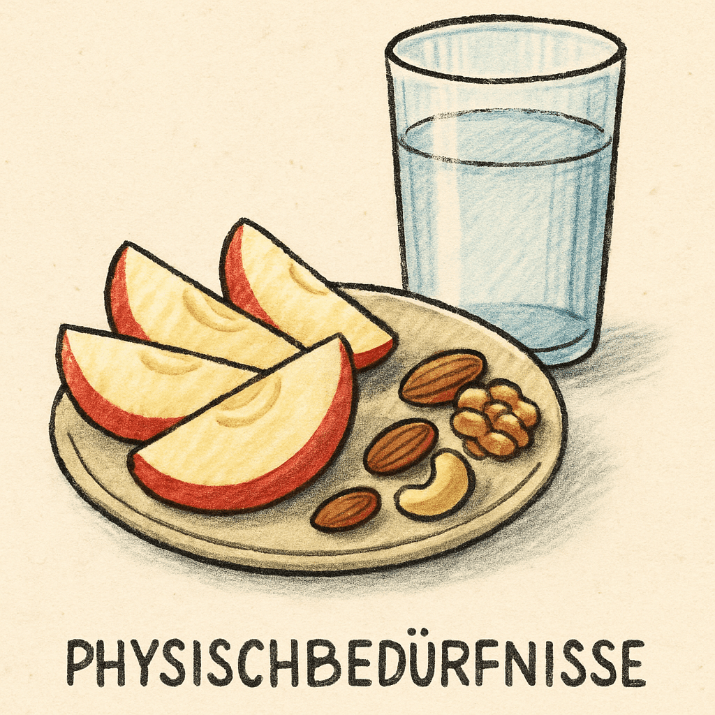 Eine Illustration eines gesunden, schnellen Snacks (z.B. Apfelschnitze und Nüsse) neben einem Glas Wasser, um die Bedeutung der physischen Bedürfnisse zu unterstreichen.