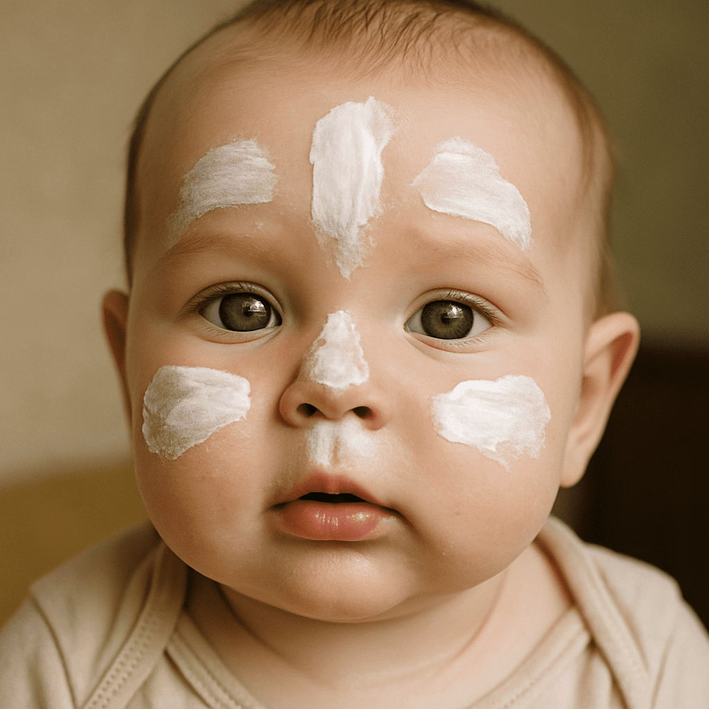 Nahaufnahme eines Babys mit mineralischer Sonnencreme im Gesicht