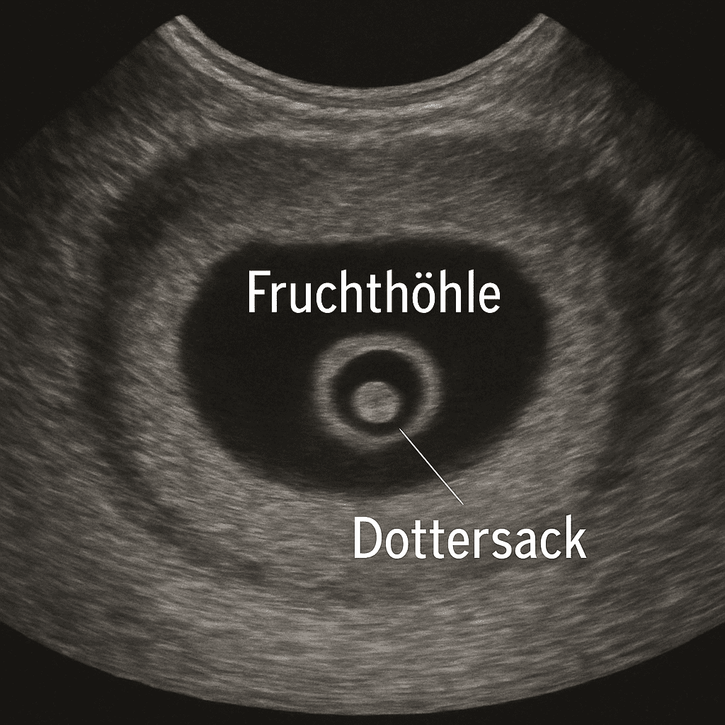 Ultraschallbild in der Frühschwangerschaft mit Fruchthöhle und Dottersack