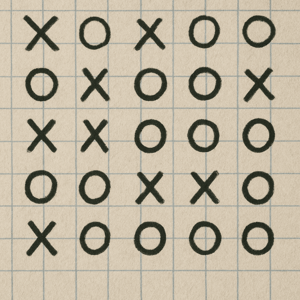 A close-up of a checkered paper sheet (Karopapier) with a series of X's and O's extending beyond the traditional 3x3 boundaries.
