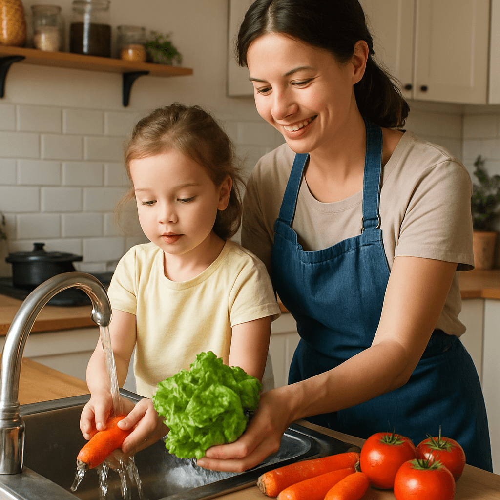 Mother and child wash fresh vegetables in the kitchen