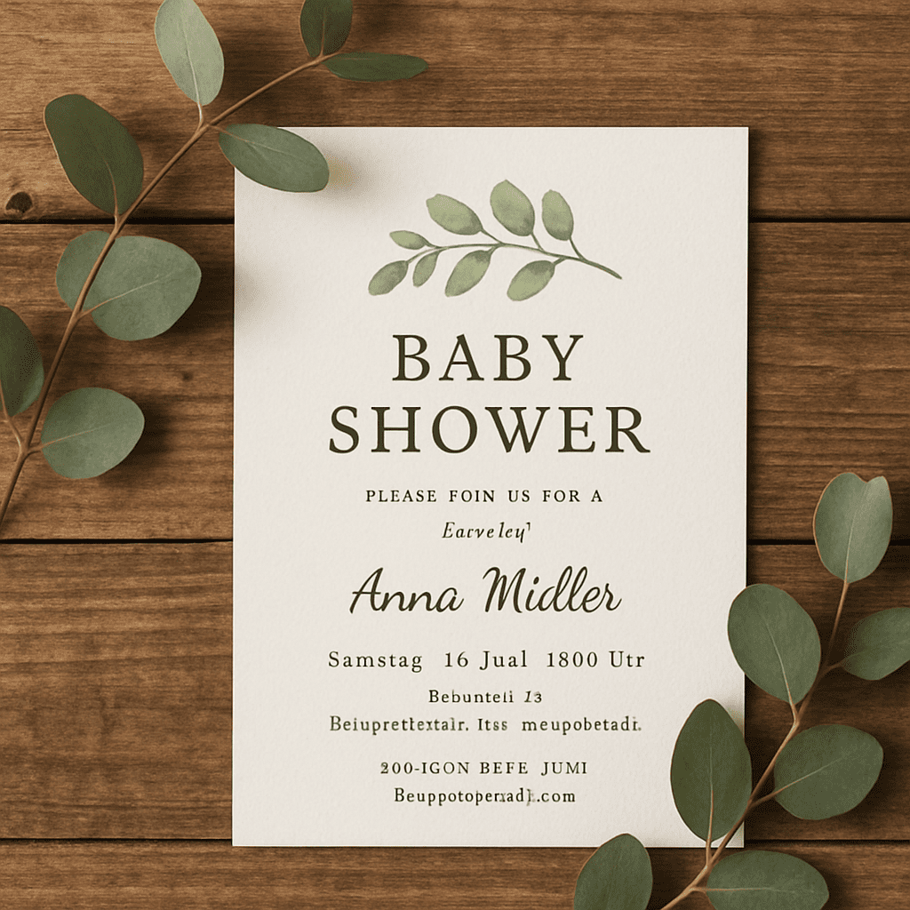 Flat lay of an elegant baby shower invitation on a wooden table with eucalyptus branches