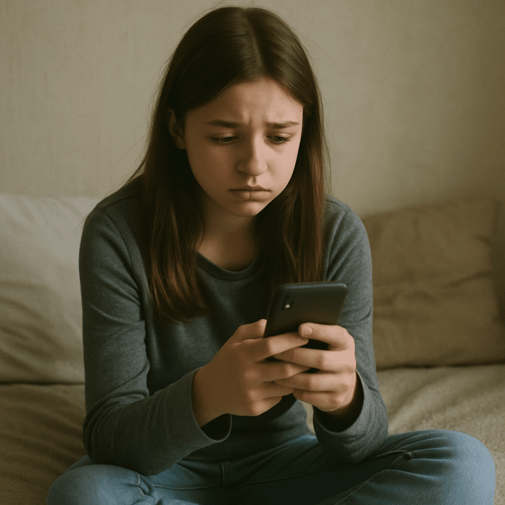 Sad girl sits on the bed and stares at her smartphone