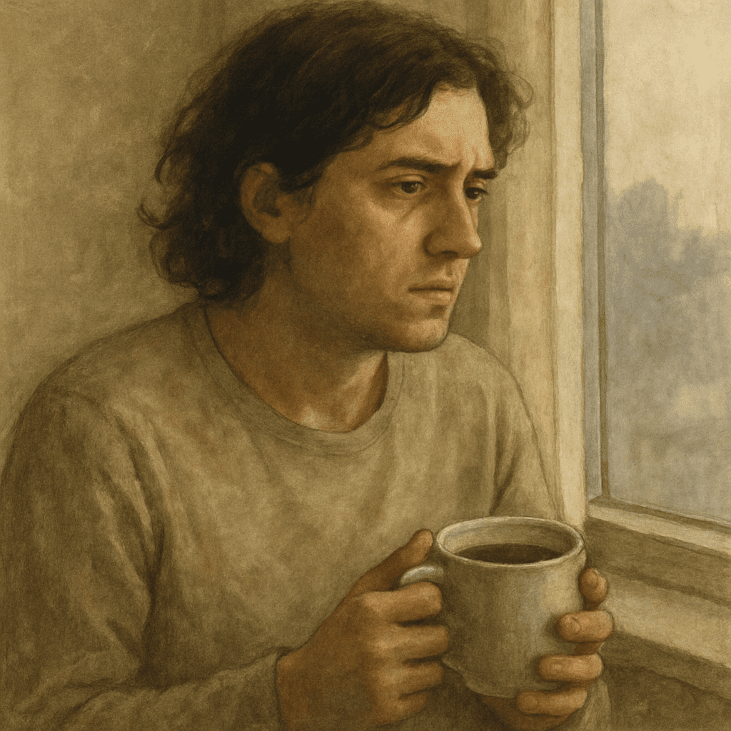 A thoughtful person looking out the window with a cup of tea, feeling inner turmoil.