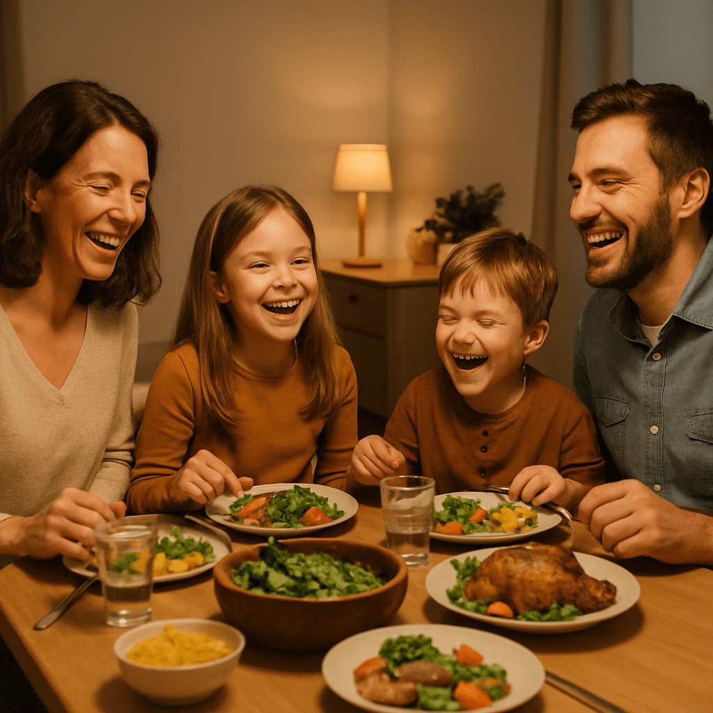 Familie sitzt lachend gemeinsam am Tisch beim Abendessen