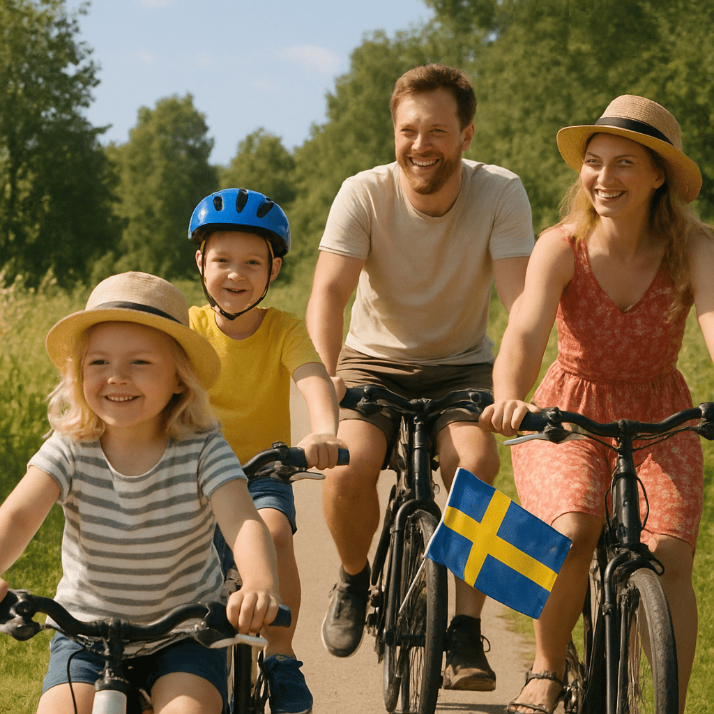 Eine glückliche schwedische Familie fährt im Sommer gemeinsam auf Fahrrädern durch die Natur