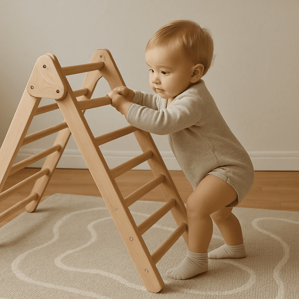 A toddler is pulling themselves up on a wooden Pikler triangle, with a soft play mat next to it.
