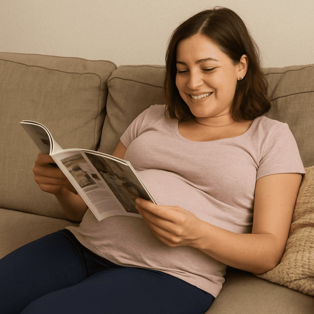 Pregnant woman relaxing on a cozy sofa and smiling while reading a magazine