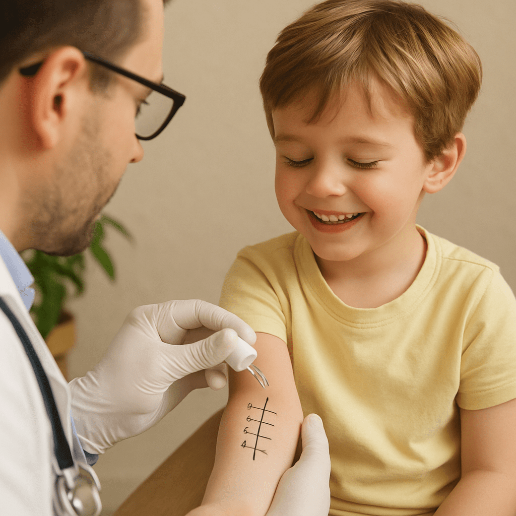 Kinderarzt führt bei einem lächelnden Kind einen Allergietest am Unterarm durch