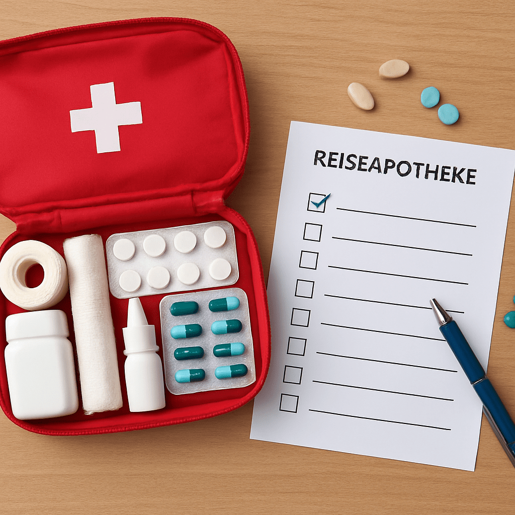 Geöffnete Reiseapotheke mit Checkliste und Medikamenten auf einem Tisch