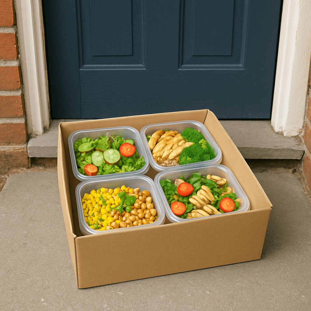 Eine Box mit frischen, gesund aussehenden Mahlzeiten vor einer Haustür.