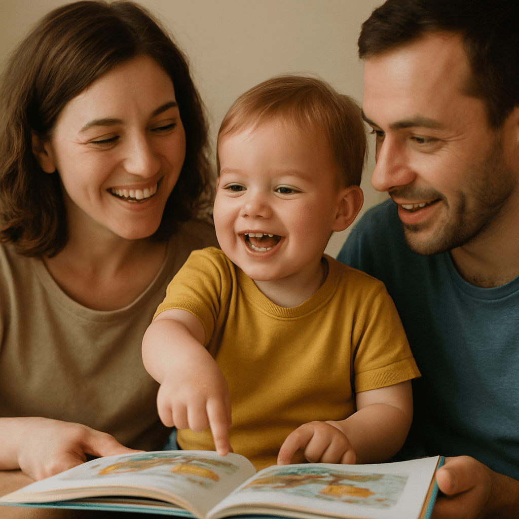 A two-year-old child happily talking to their parents and pointing at an open picture book.
