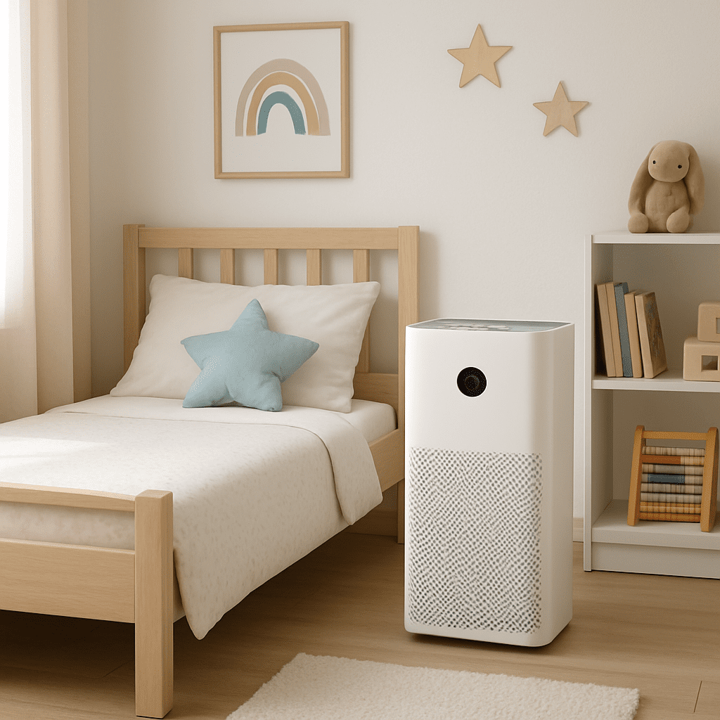 Ein Luftreiniger mit HEPA-Filter steht neben dem Bett in einem hellen, aufgeräumten Kinderzimmer