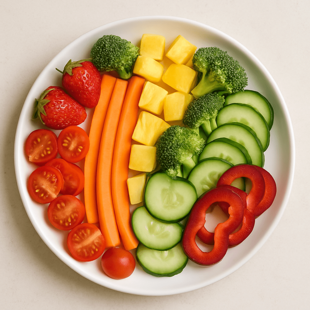 Children's plate arranged in rainbow colors with fruits and vegetables