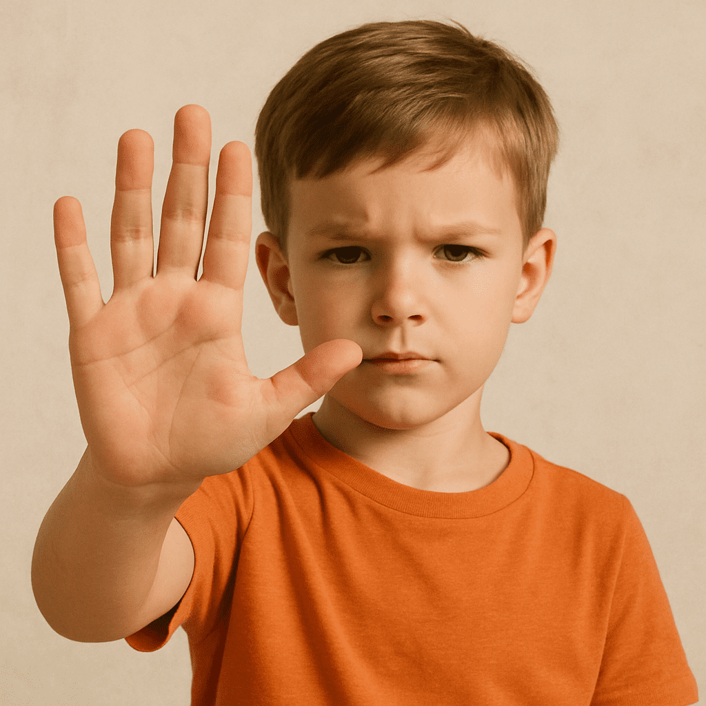 Ein Kind, das selbstbewusst eine Stopp-Geste mit der Hand macht