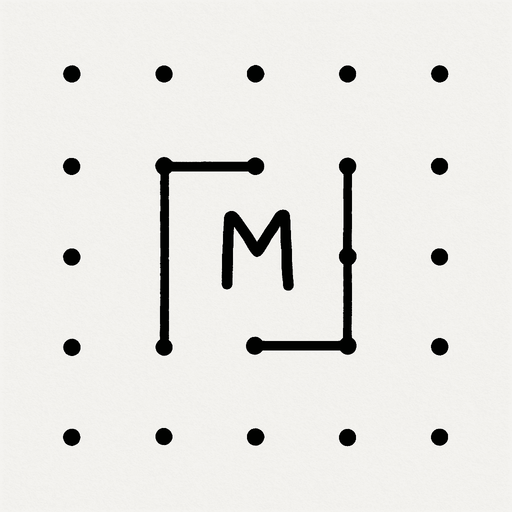 A simple 4x4 dot grid showing a few lines drawn and one square completed with the letter 'M' inside.
