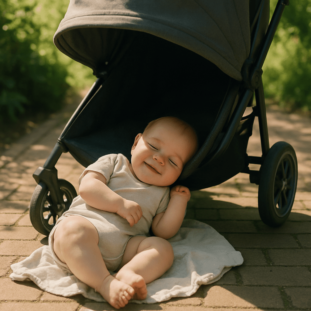 Happy baby sleeps in the shade of a stroller