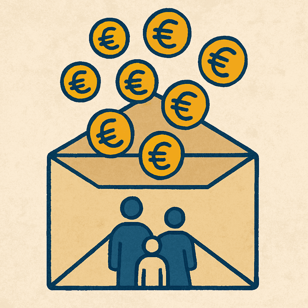A stylized envelope with a family crest, from which gold coins are flowing, symbolizes government support.
