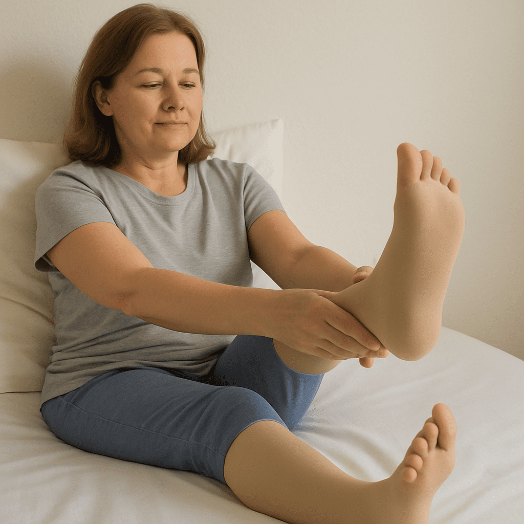 Frau macht sanfte Fußgymnastik im Bett mit Kompressionsstrümpfen